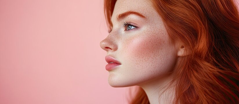 Portrait of an attractive redhead girl gazing away against a pink background Copy space on the right side Concept of people relaxing and lifestyle for design