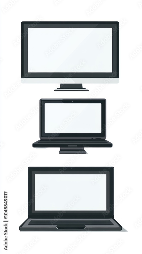 Poster a desktop monitor, laptop, and notebook computer with blank screens in a vertical stack.