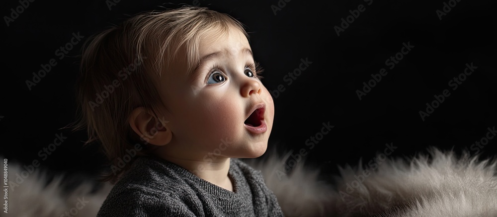 Aufkleber Adorable child gazing aside with an open mouth seated on fur against a black background. with copy space image. Place for adding text or design