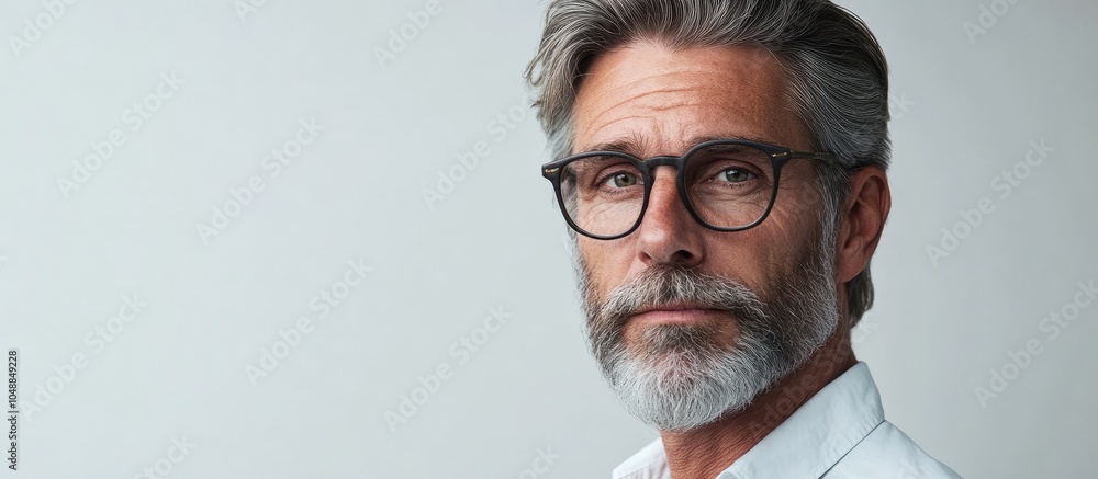 Poster portrait of an attractive mature man against a light grey background. with copy space image. place f
