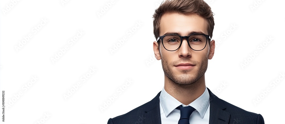 Poster portrait of an attractive man in a suit and glasses set against a white background copyspace for tex