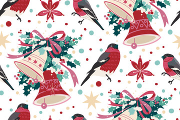  Christmas pattern with hand drawn elements as bullfinches, bells, and Christmas decorations. Can be used for wrapping paper, backgrounds, textile pattern, your own design.