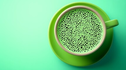A top-down view of a green coffee mug filled with dark green liquid and small black dots. The mug sits on a green saucer against a green background.