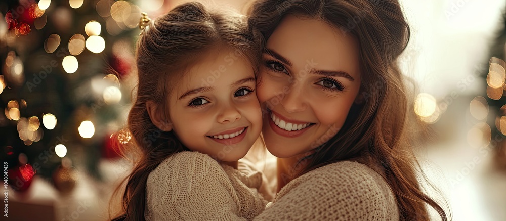 Aufkleber smiling mother and daughter embracing and looking at the camera by the Christmas tree at home. with copy space image. Place for adding text or design