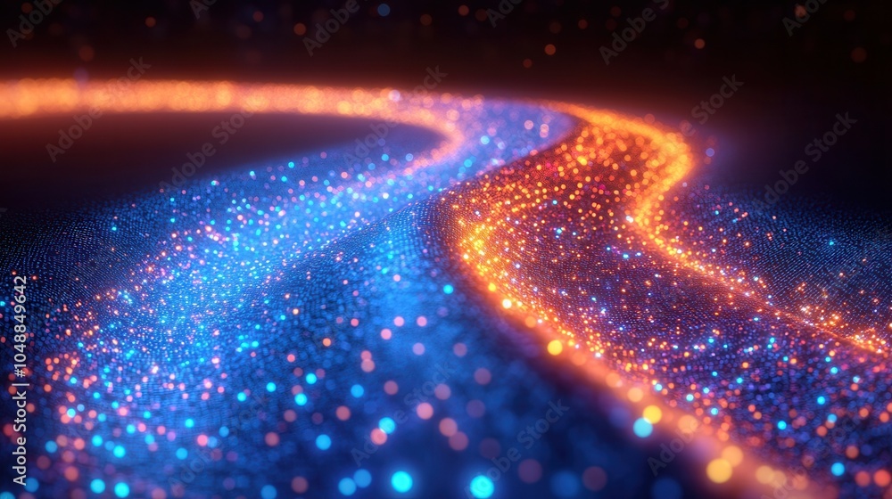 Poster stunning abstract background featuring luminous blue and orange sparkles flowing in a wavy motion, c