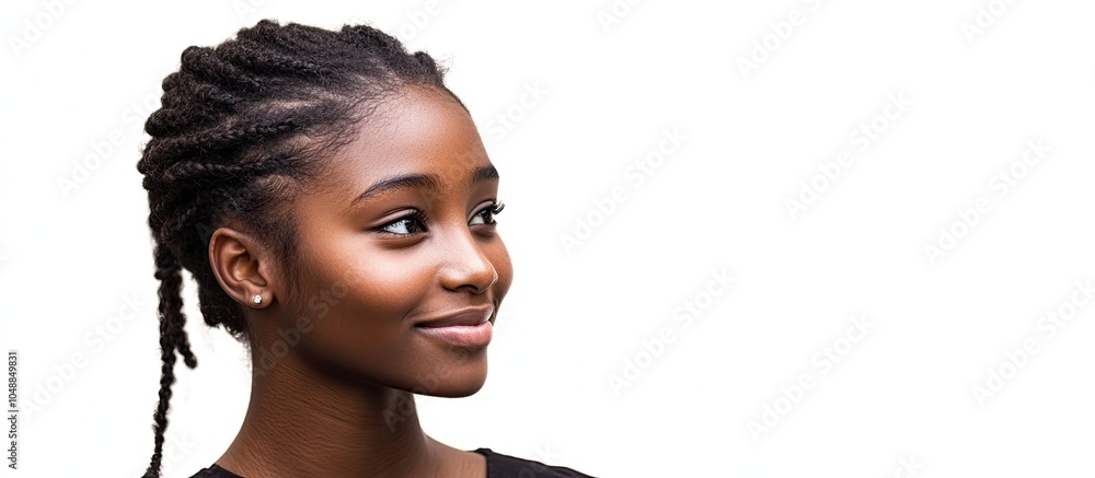 Poster portrait of a beautiful young african woman smiling while looking away against a white background. w
