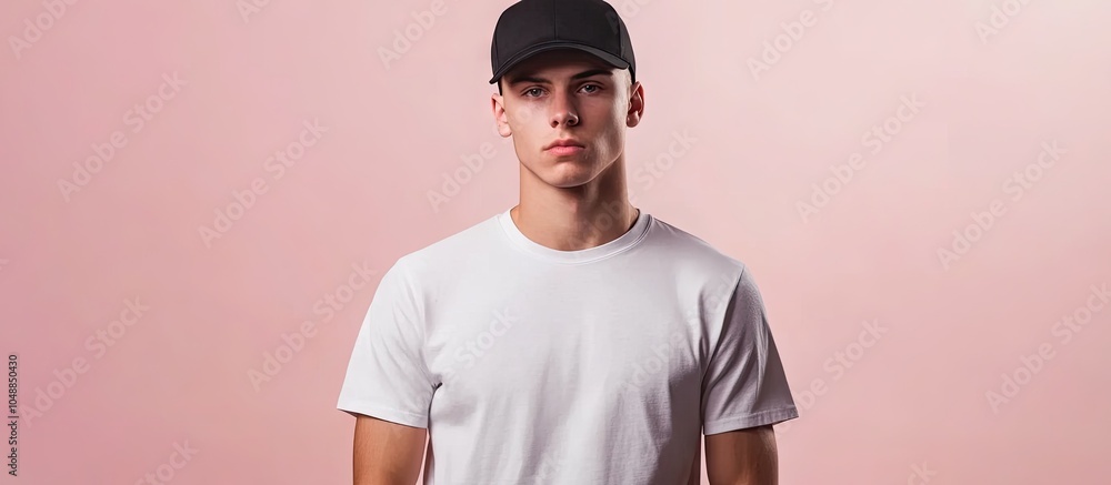 Poster young man in a white blank t shirt and a black cap template for printing t shirt mock up. with copy 