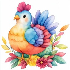 A watercolor clipart of Turkey with autumn leaves, Thanksgiving decor, watercolor illustration, watercolor texture with hard watercolor edges, isolated on white background