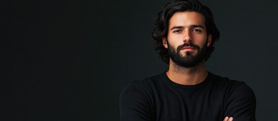 Young attractive intelligent European man with black hair and a beard dressed casually set against a background with copy space