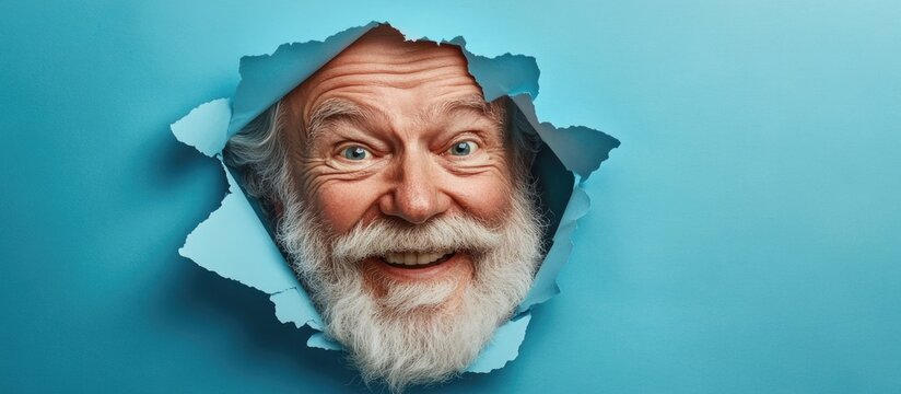 Joyful old man with a beard peeking through a hole in blue paper Happiness Emotions Smiling Discounts sales seasonal promotions Through paper Advertising. with copy space image