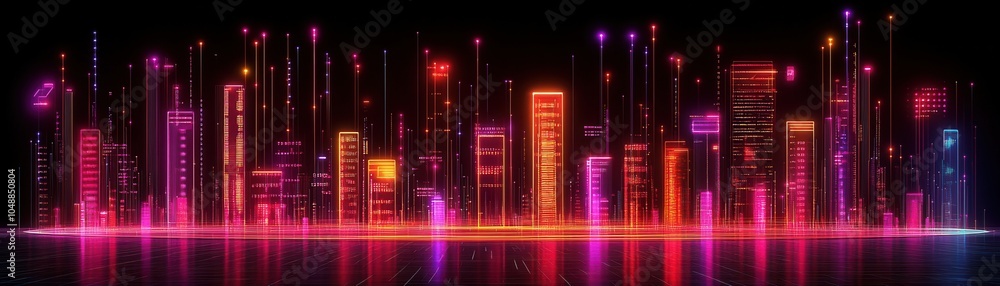 Poster vibrant city skyline with colorful lights reflecting against a dark backdrop, creating a modern and 