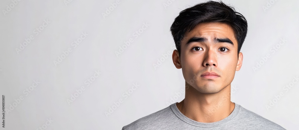 Aufkleber the expression of a man of asian descent with brown skin dressed in gray against a white background.