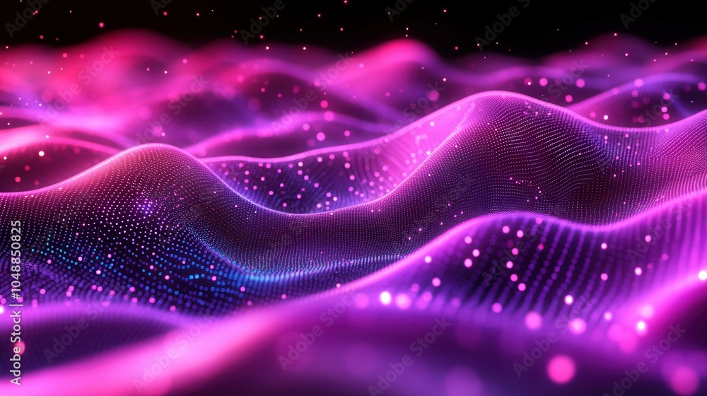 Poster vibrant abstract waves of light and color create a mesmerizing digital landscape with glowing partic