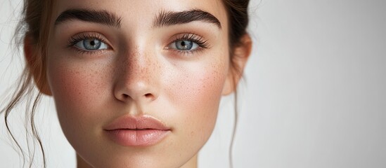 Fototapeta premium The lovely face of a beautiful woman with fresh clear skin. with copy space image. Place for adding text or design