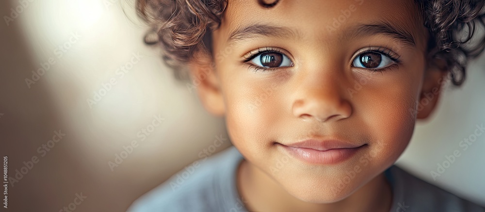 Poster Close up portrait of a lovely mixed race boy An utterly charming child with an exceptionally sweet and innocent expression on his face. with copy space image. Place for adding text or design