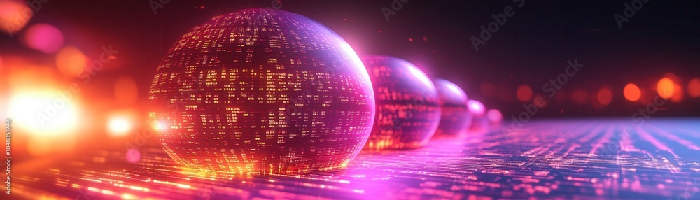 Poster vibrant digital spheres with glowing patterns on a colorful background, representing technology and 