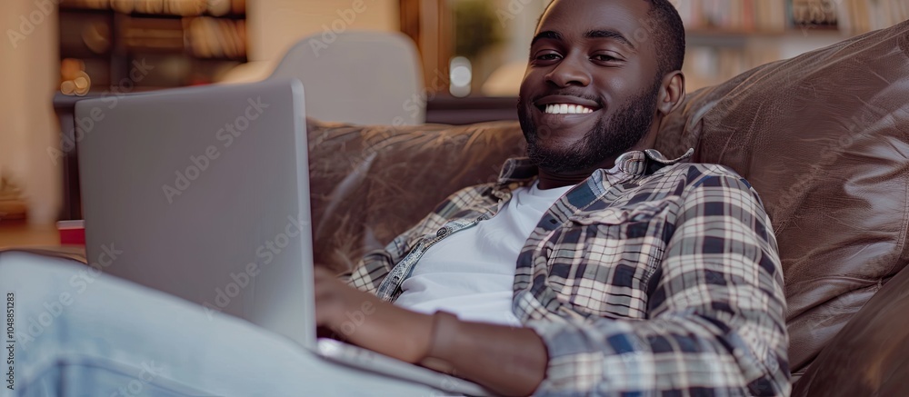 Poster smiling young black man relaxing on a couch with a laptop after working online with copy space happy