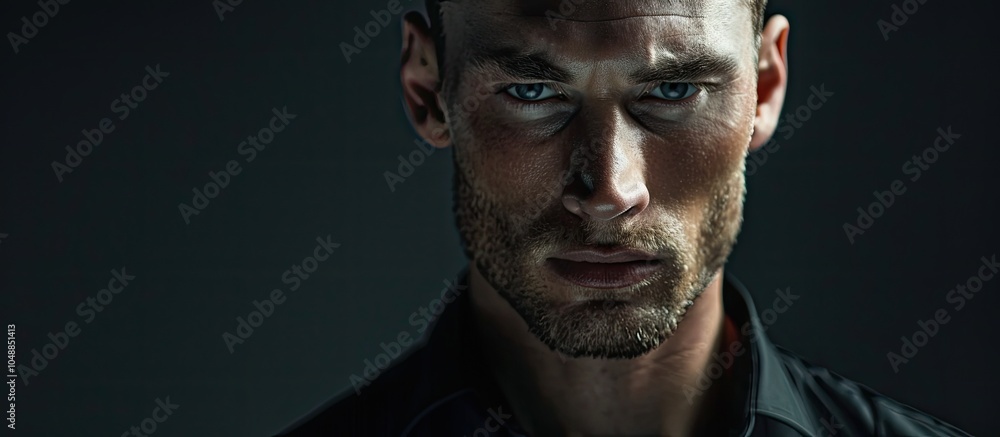 Poster unedited male portrait in a black shirt. with copy space image. place for adding text or design
