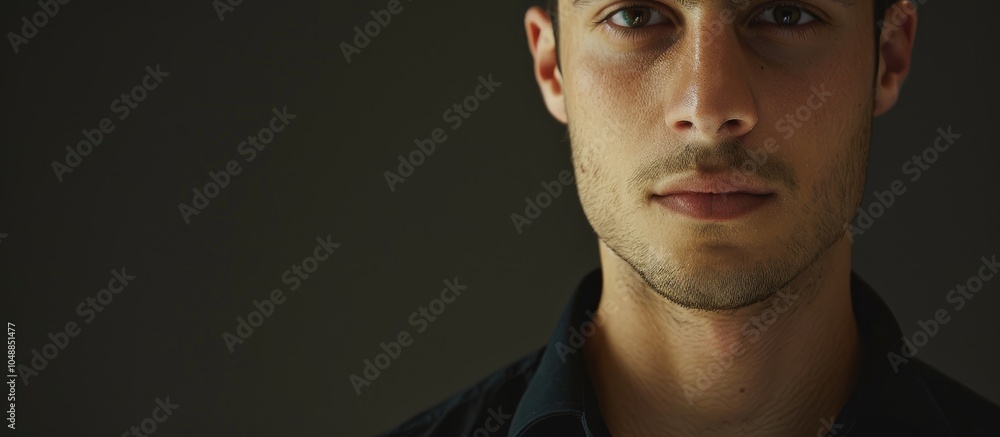 Poster unedited male portrait in a black shirt. with copy space image. place for adding text or design