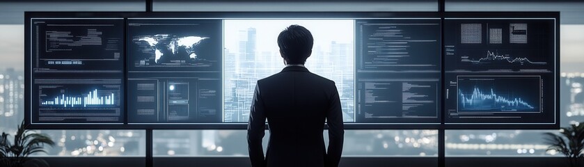 Fototapeta premium A business professional analyzes data on digital screens, showcasing a modern workspace with urban views.