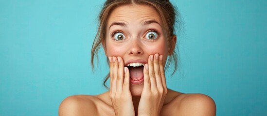 young attractive woman happy and thrilled surprised and astonished covering her mouth with her hands giggling with an adorable expression against a blue background. with copy space image