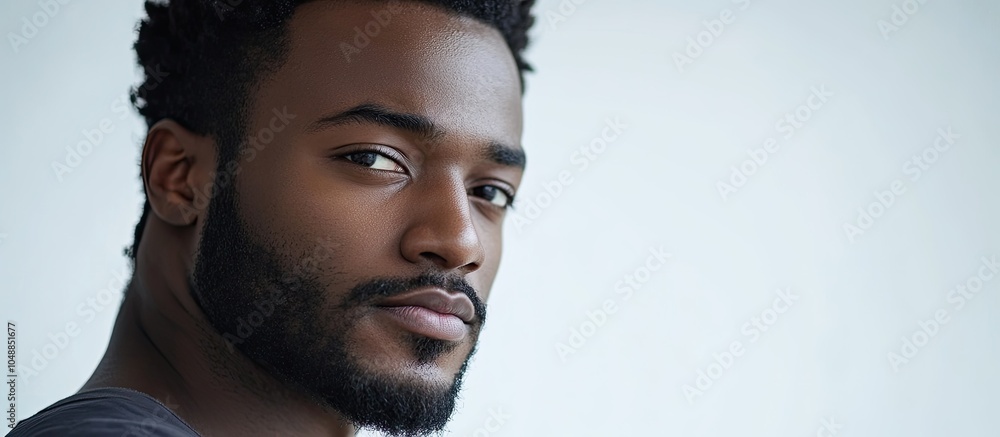 Poster Attractive African American man gazing at the camera with a white background. with copy space image. Place for adding text or design