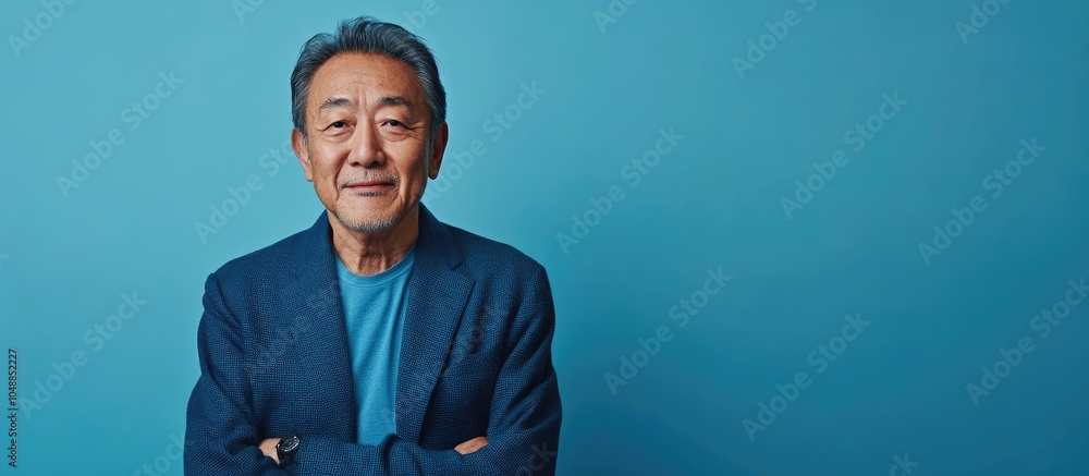 Aufkleber An older Asian man dressed in casual attire is standing against a blue background. with copy space image. Place for adding text or design