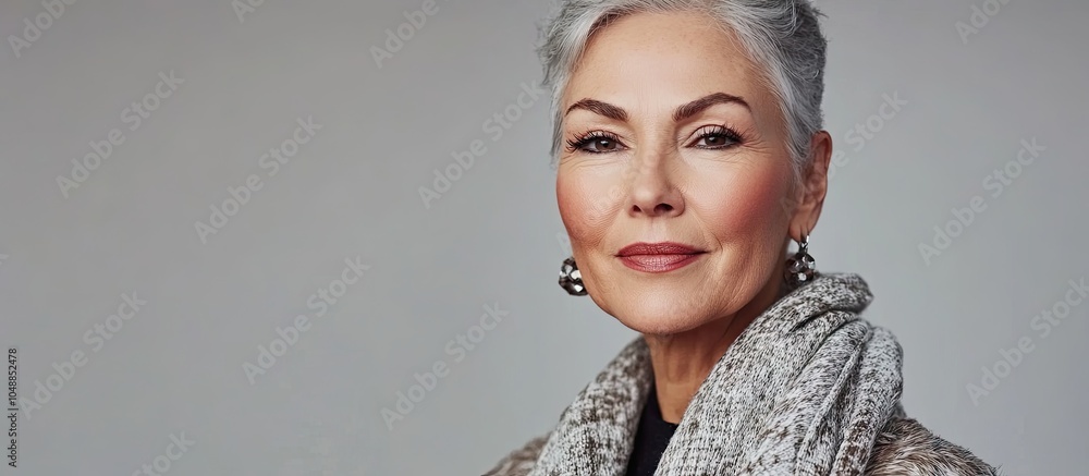 Poster portrait of a pleasant woman in her 60s wearing a fashionable outfit against a bright studio backgro