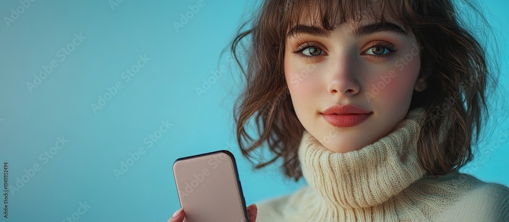 Poster close up portrait of a charming young woman holding a mobile phone and gazing off to the side. with 