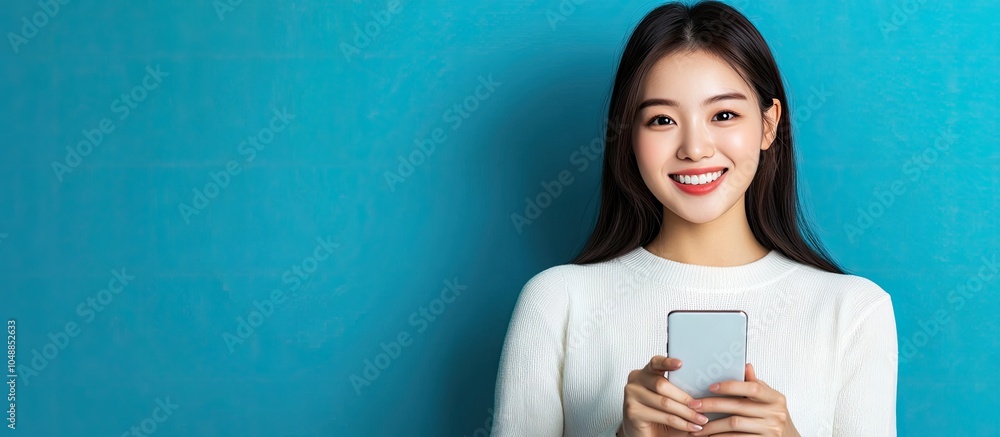 Poster happy portrait of a smiling young asian woman using a smartphone against a blue background. with cop
