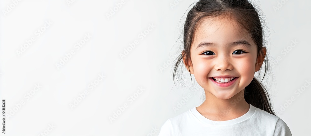 Poster portrait of a joyful little asian girl isolated on a white background with copyspace concept of a sm