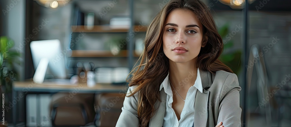 Aufkleber an appealing businesswoman seated in the office. with copy space image. place for adding text or des