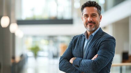 Man in a business casual outfit, including a blazer and jeans, standing with arms crossed in an office environment