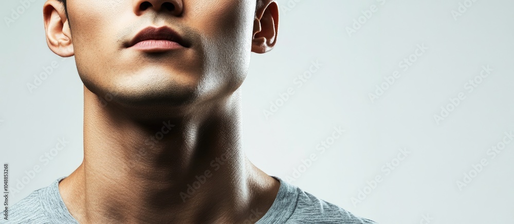 Aufkleber The expression of a man of Asian descent with brown skin dressed in gray against a white background. with copy space image. Place for adding text or design