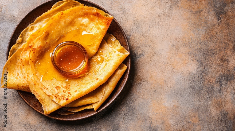 Poster close-up of thin pancakes on a rustic plate with a small jar of honey.