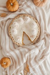 pumpkin pie with whipped cream dollops on each slice, set on a light beige background with a striped linen napkin