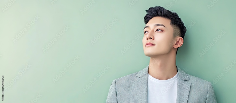 Poster the young asian man in smart casual attire is positioned against a light green background. with copy