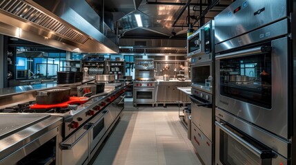 Obraz premium Modern Stainless Steel Commercial Kitchen Interior