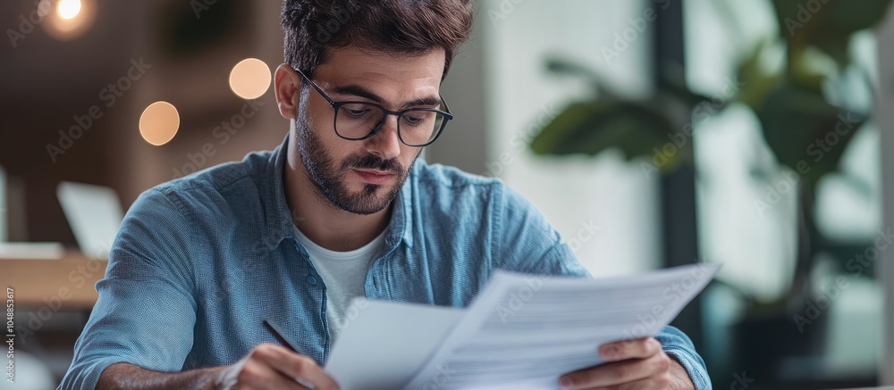Fototapete A casually dressed man is reviewing business documents while working in an office at a remote location. with copy space image. Place for adding text or design