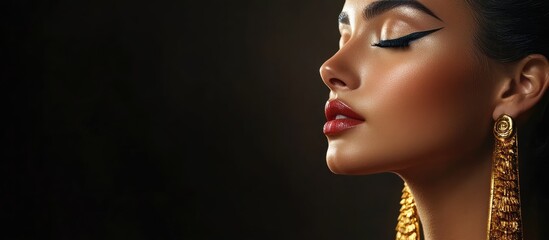 Profile of an attractive woman featuring Cleopatra inspired makeup. with copy space image. Place for adding text or design