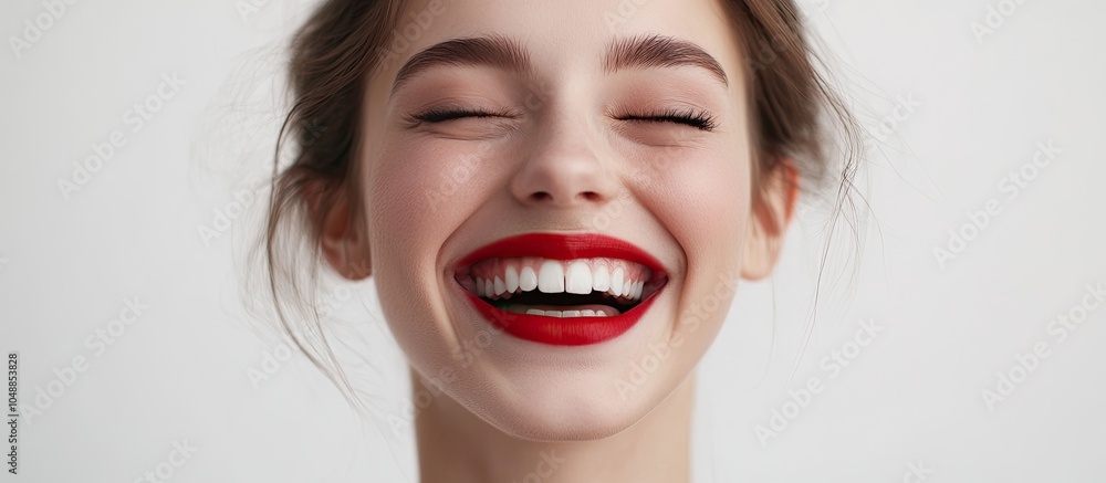 Poster close up portrait of a happy caucasian woman laughing against a white background. with copy space im