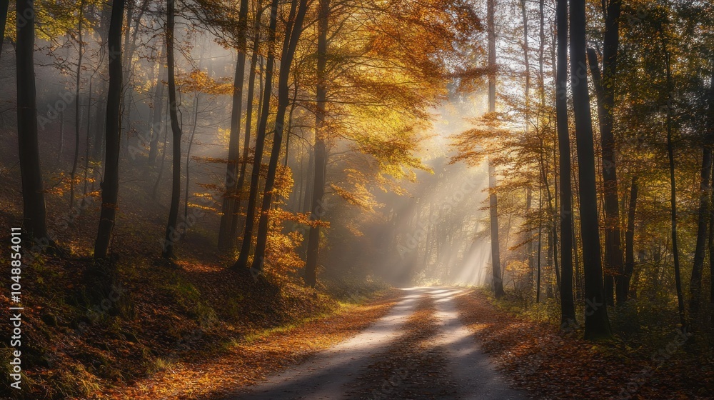 Poster a serene forest path illuminated by autumn light, creating a peaceful atmosphere.