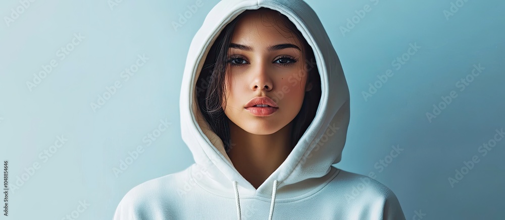 Poster woman wearing a hoodie sweater against a light background room for design. with copy space image. pl