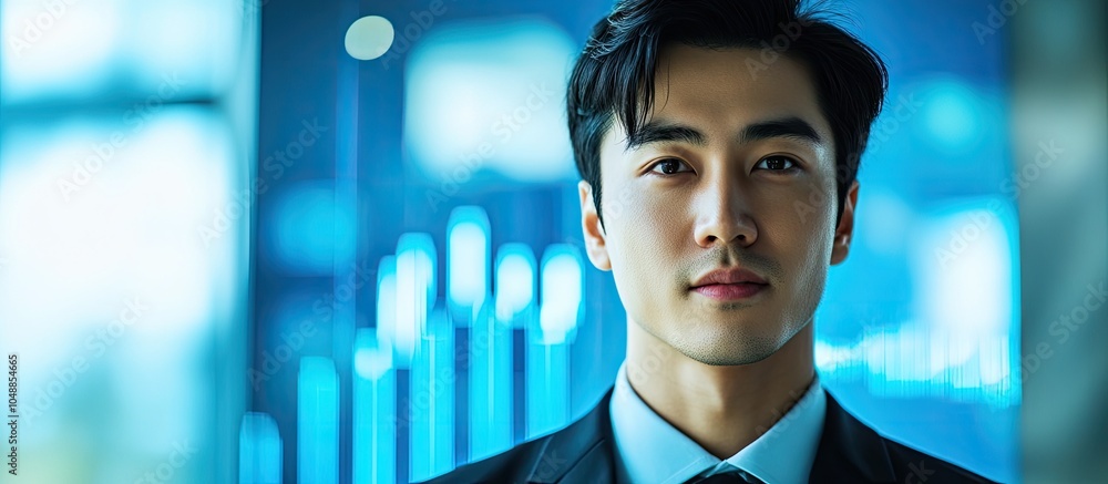 Poster asian man in a suit gazing at the camera with a blue graph behind him and copy space