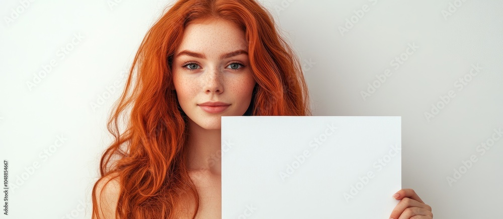 Poster attractive girl holding a blank white sign against a white background. with copy space image. place 