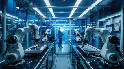 Fototapeta premium Industrial Robotic Arms Working in a Modern Factory
