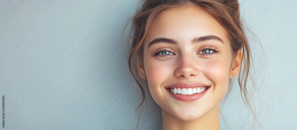 Poster unique smile portrait of a young woman smiling while posing against a gray backdrop. with copy space