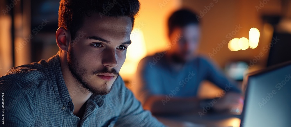 Aufkleber investing the time image of a young designer working late with a colleague out of focus in the backg