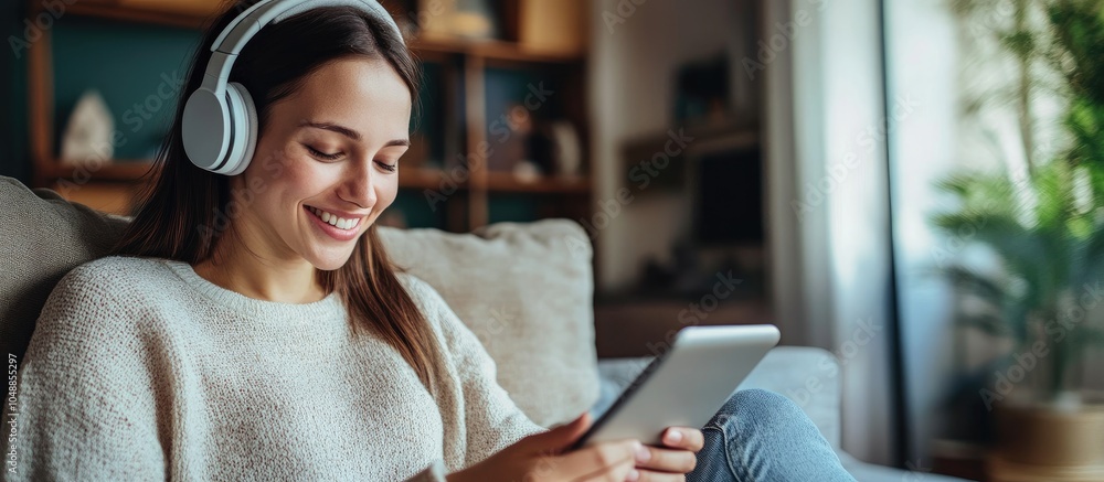 Poster A young woman smiling while using a digital tablet at home with wireless headphones on. with copy space image. Place for adding text or design