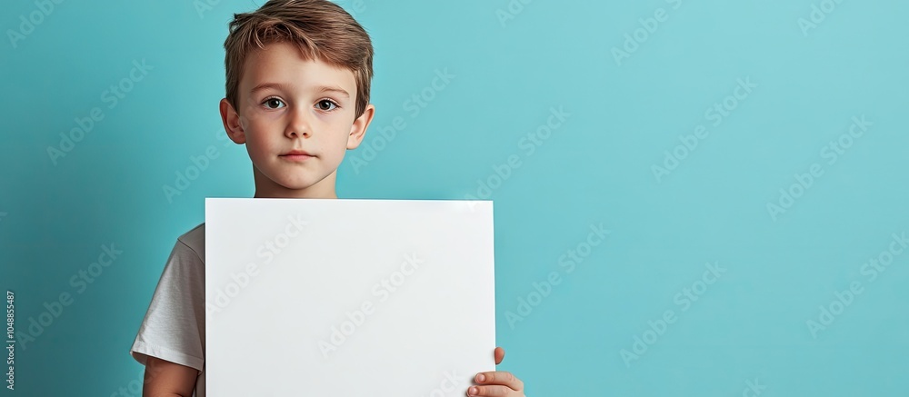 Poster Young boy with a white blank board against a blue background. with copy space image. Place for adding text or design